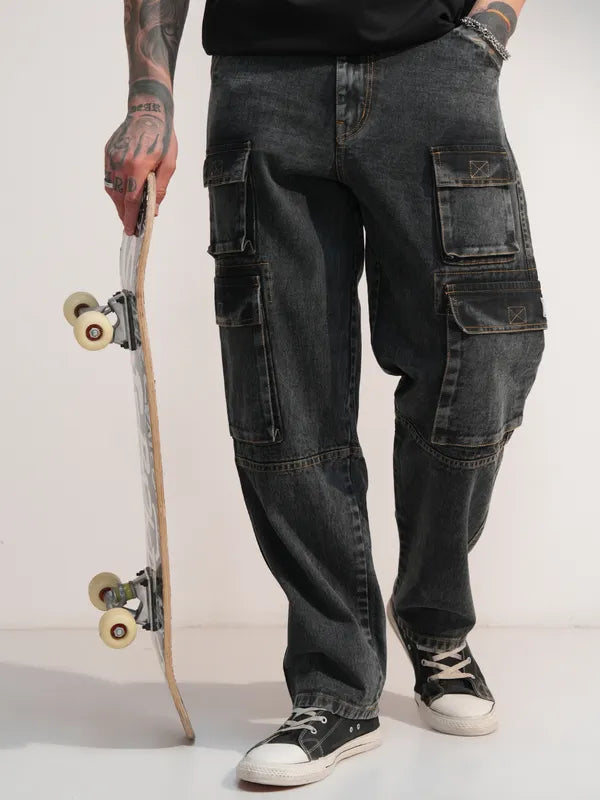 Casual Men Grey Baggy Stretchable Cargo Jeans Perfect for College and Weekend Wear