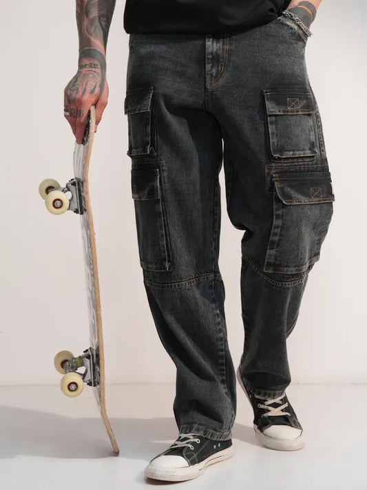 Casual Men Grey Baggy Stretchable Cargo Jeans Perfect for College and Weekend Wear