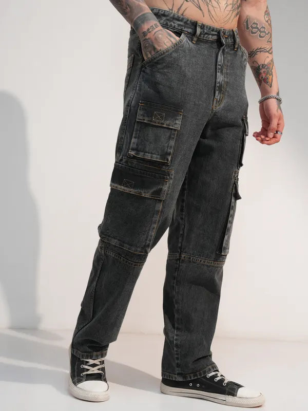Casual Men Grey Baggy Stretchable Cargo Jeans Perfect for College and Weekend Wear