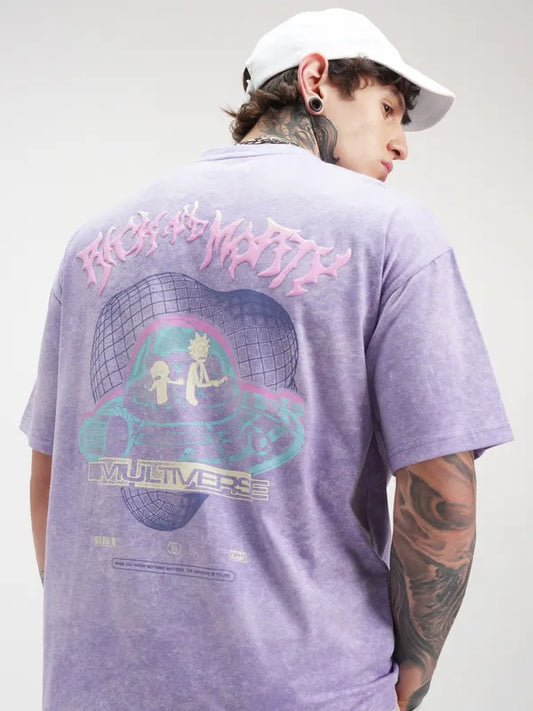 Casual Men’s Purple Oversized T-Shirt with Rick and Morty Artwork