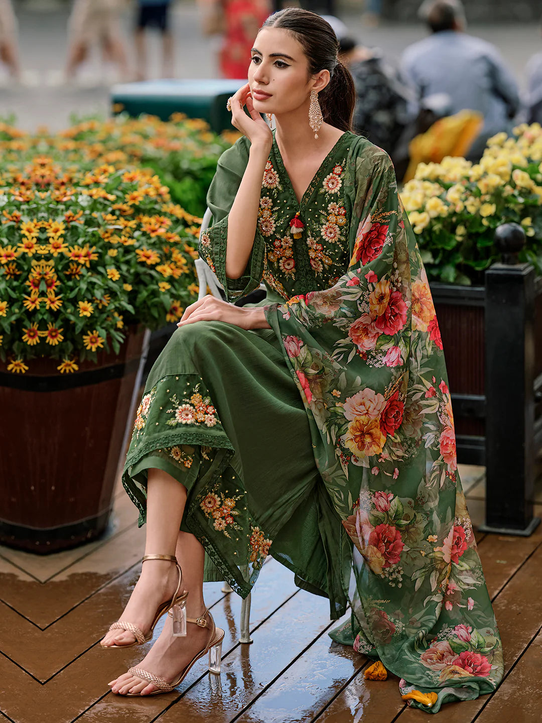 Designer Green Peach Red Kurta Trousers Dupatta Set for Festivals and Special Occasions