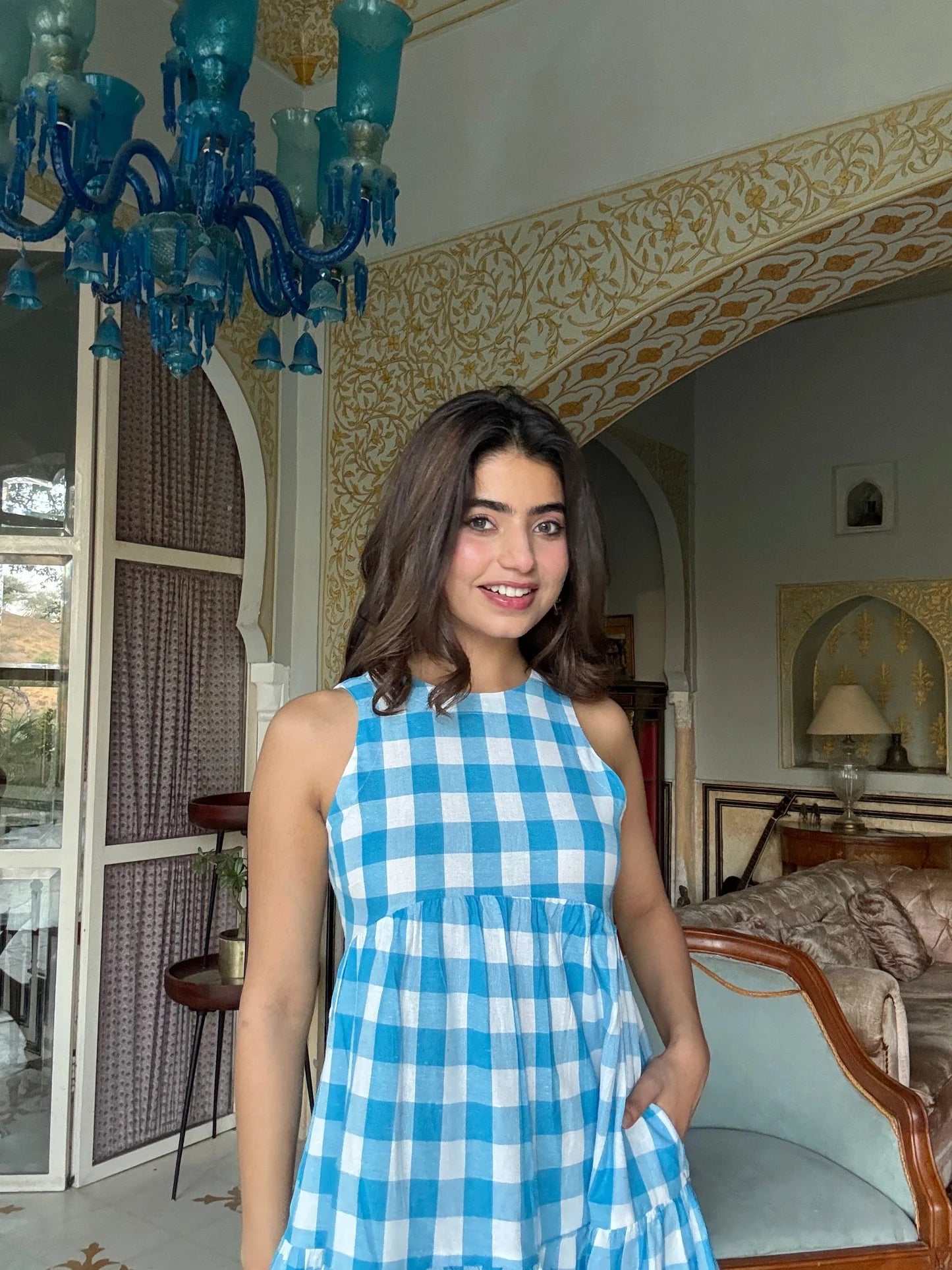 Lightweight Blue Gingham A Line Dress for Everyday Wear