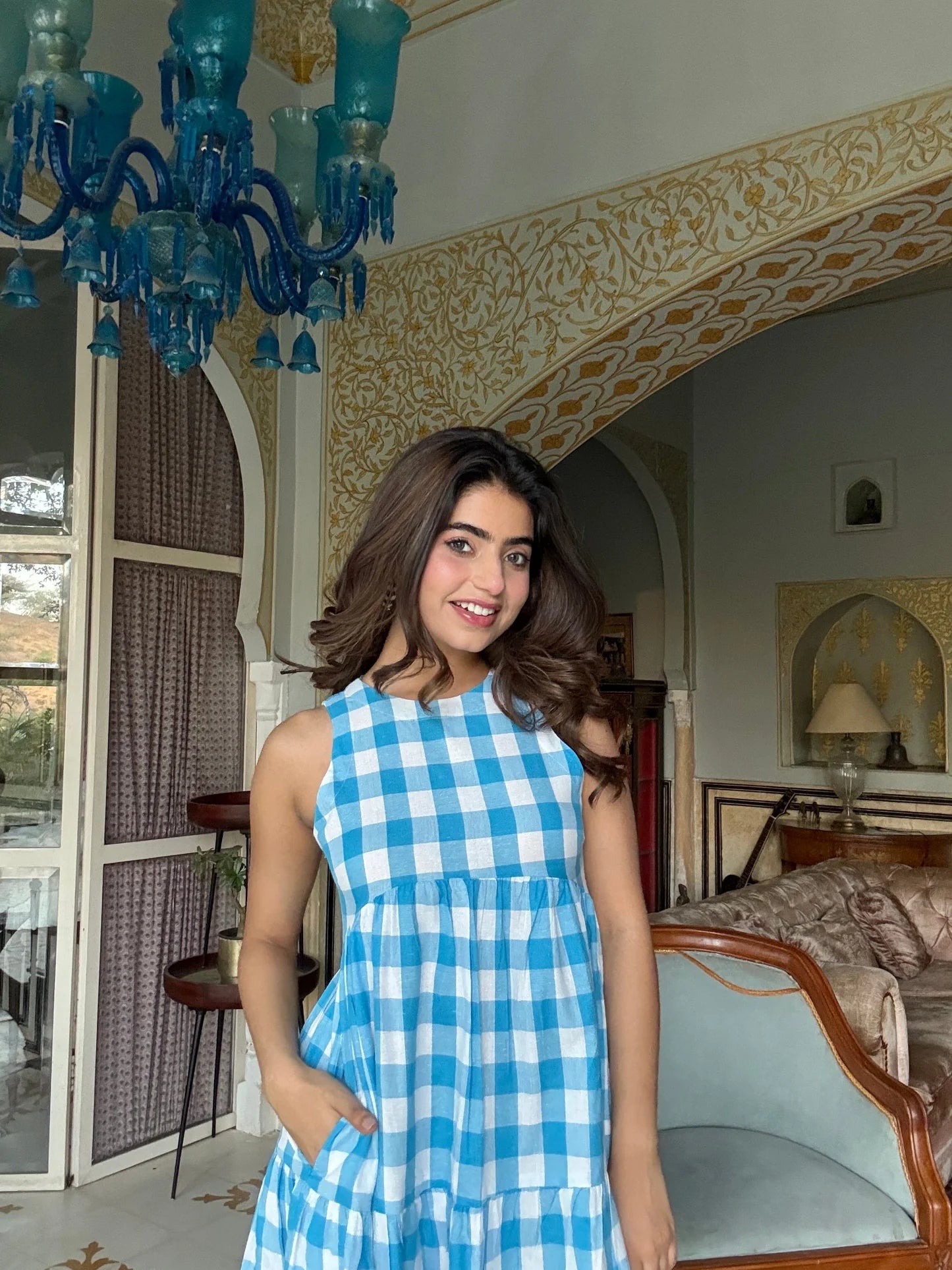 Lightweight Blue Gingham A Line Dress for Everyday Wear