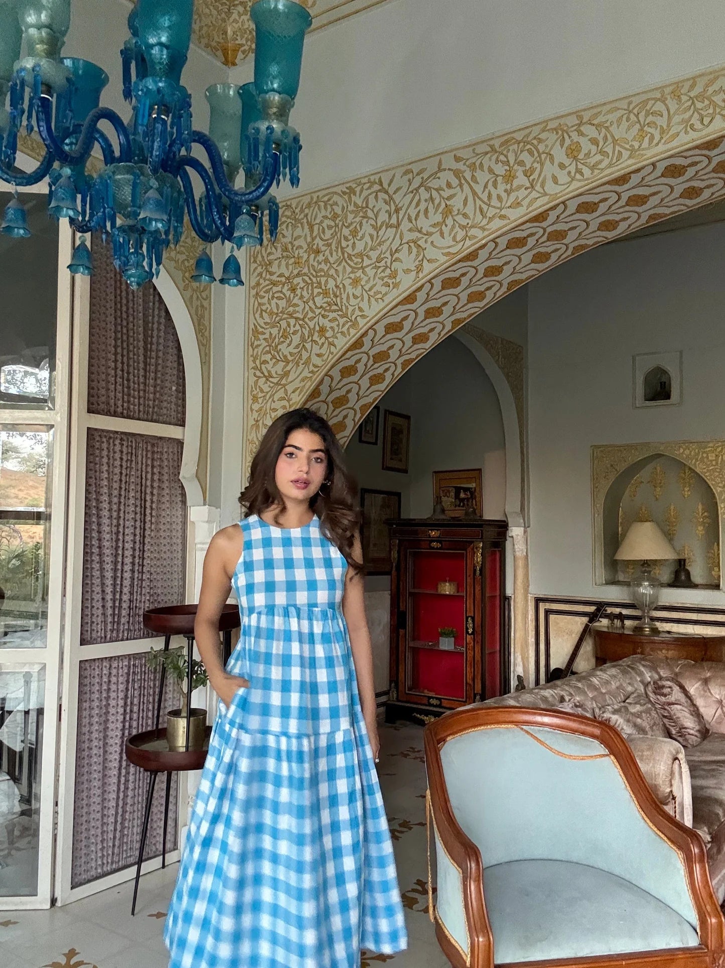 Lightweight Blue Gingham A Line Dress for Everyday Wear