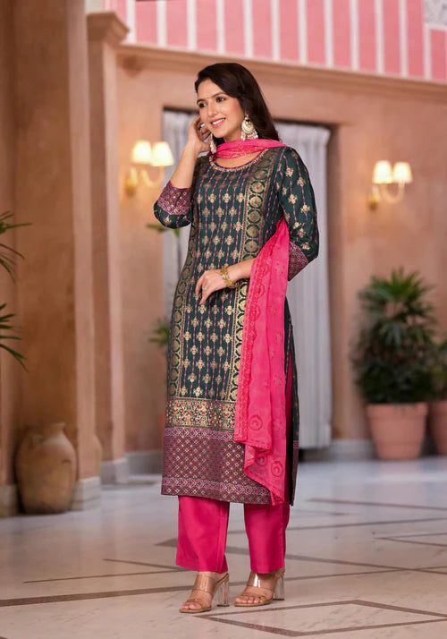 Premium Green Muslin Kurta Set with Pants and Dupatta Featuring Beads and Ethnic Motif Design