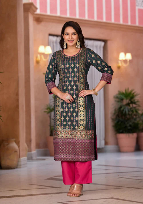 Premium Green Muslin Kurta Set with Pants and Dupatta Featuring Beads and Ethnic Motif Design