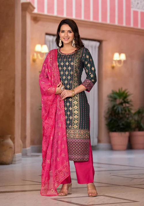 Premium Green Muslin Kurta Set with Pants and Dupatta Featuring Beads and Ethnic Motif Design
