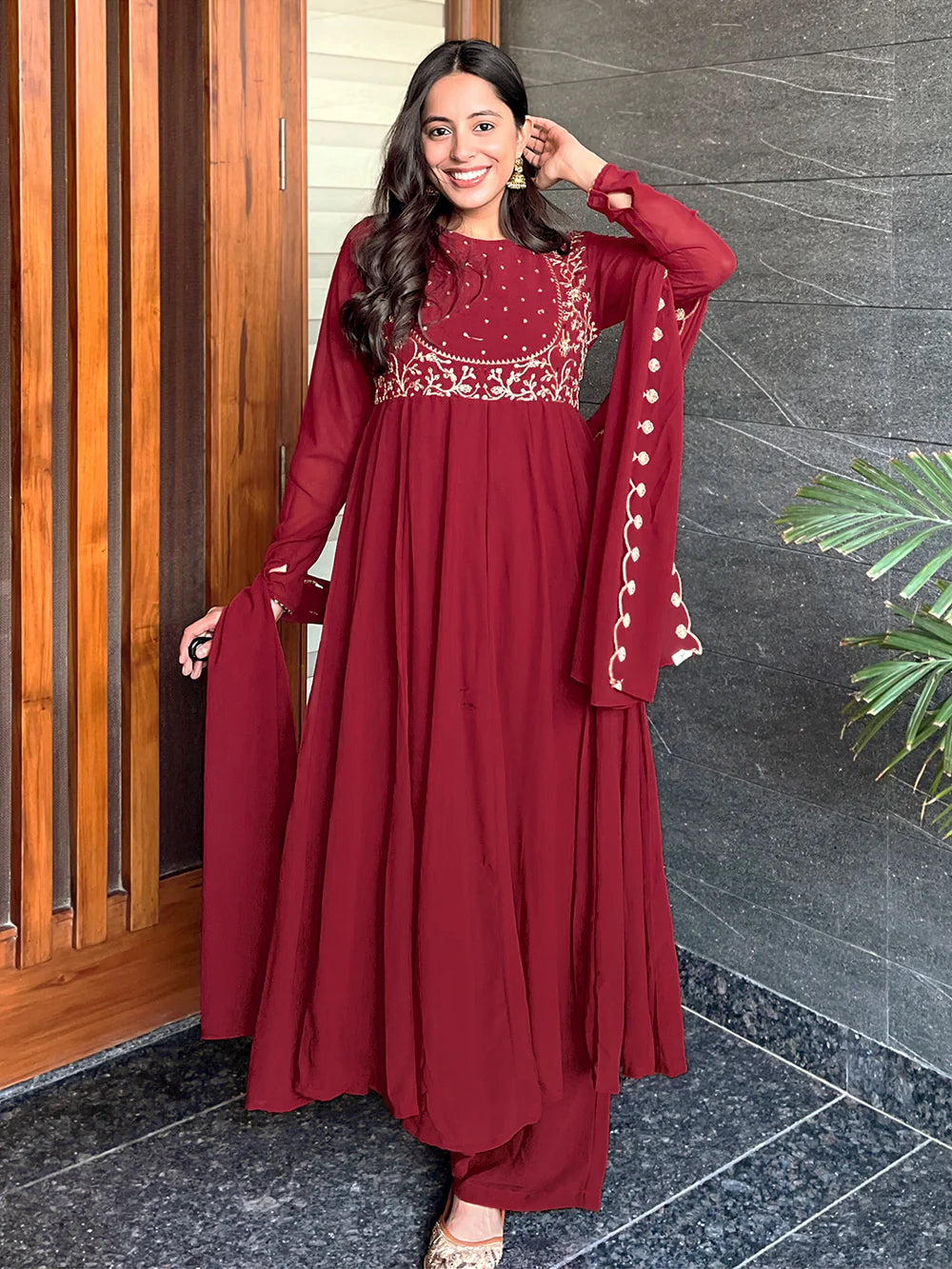 Women’s Maroon Georgette Anarkali Kurta Set with Intricate Embroidery for Festive and Party Wear