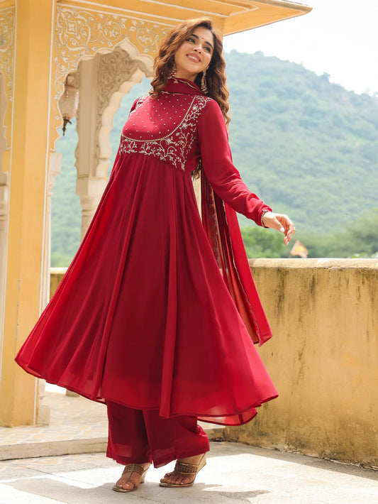 Women’s Maroon Georgette Anarkali Kurta Set with Intricate Embroidery for Festive and Party Wear