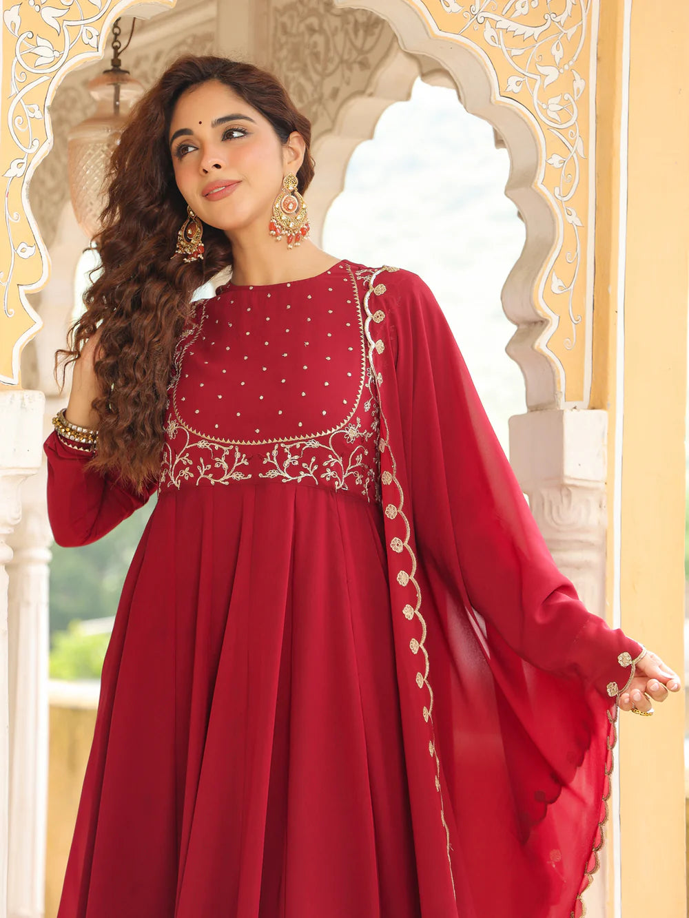 Women’s Maroon Georgette Anarkali Kurta Set with Intricate Embroidery for Festive and Party Wear