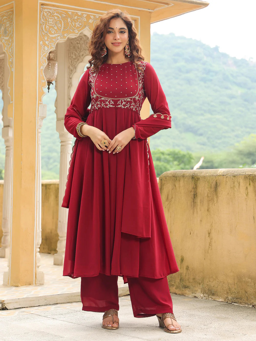 Women’s Maroon Georgette Anarkali Kurta Set with Intricate Embroidery for Festive and Party Wear