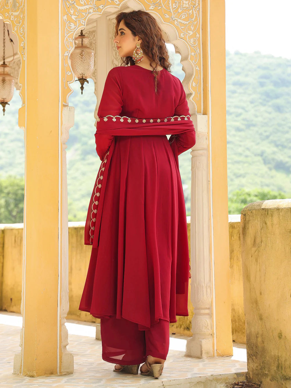 Women’s Maroon Georgette Anarkali Kurta Set with Intricate Embroidery for Festive and Party Wear