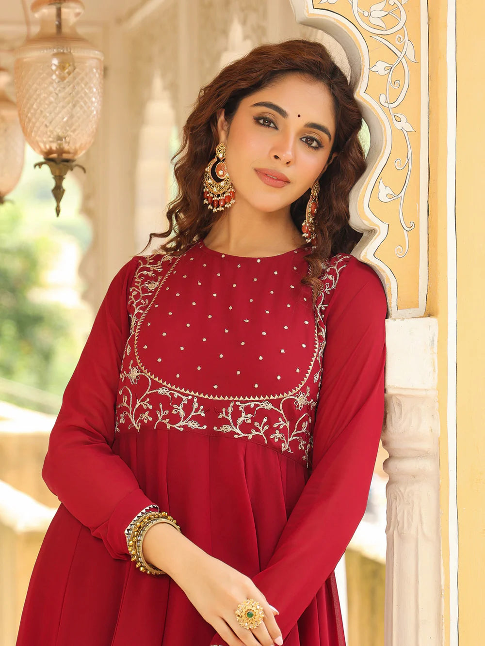 Women’s Maroon Georgette Anarkali Kurta Set with Intricate Embroidery for Festive and Party Wear