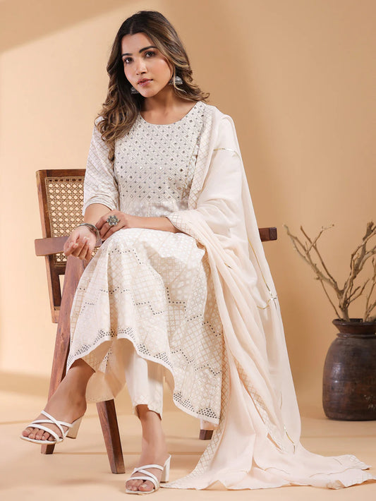 Comfortable Women’s Beige Cotton Anarkali Kurta Set with Ethnic Motif Detailing for Casual and Festive Occasions