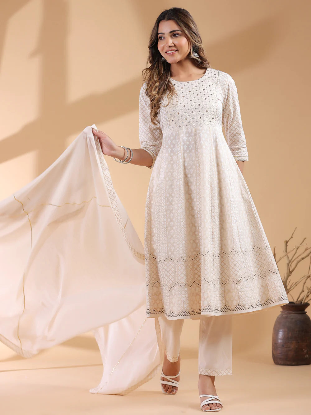 Comfortable Women’s Beige Cotton Anarkali Kurta Set with Ethnic Motif Detailing for Casual and Festive Occasions