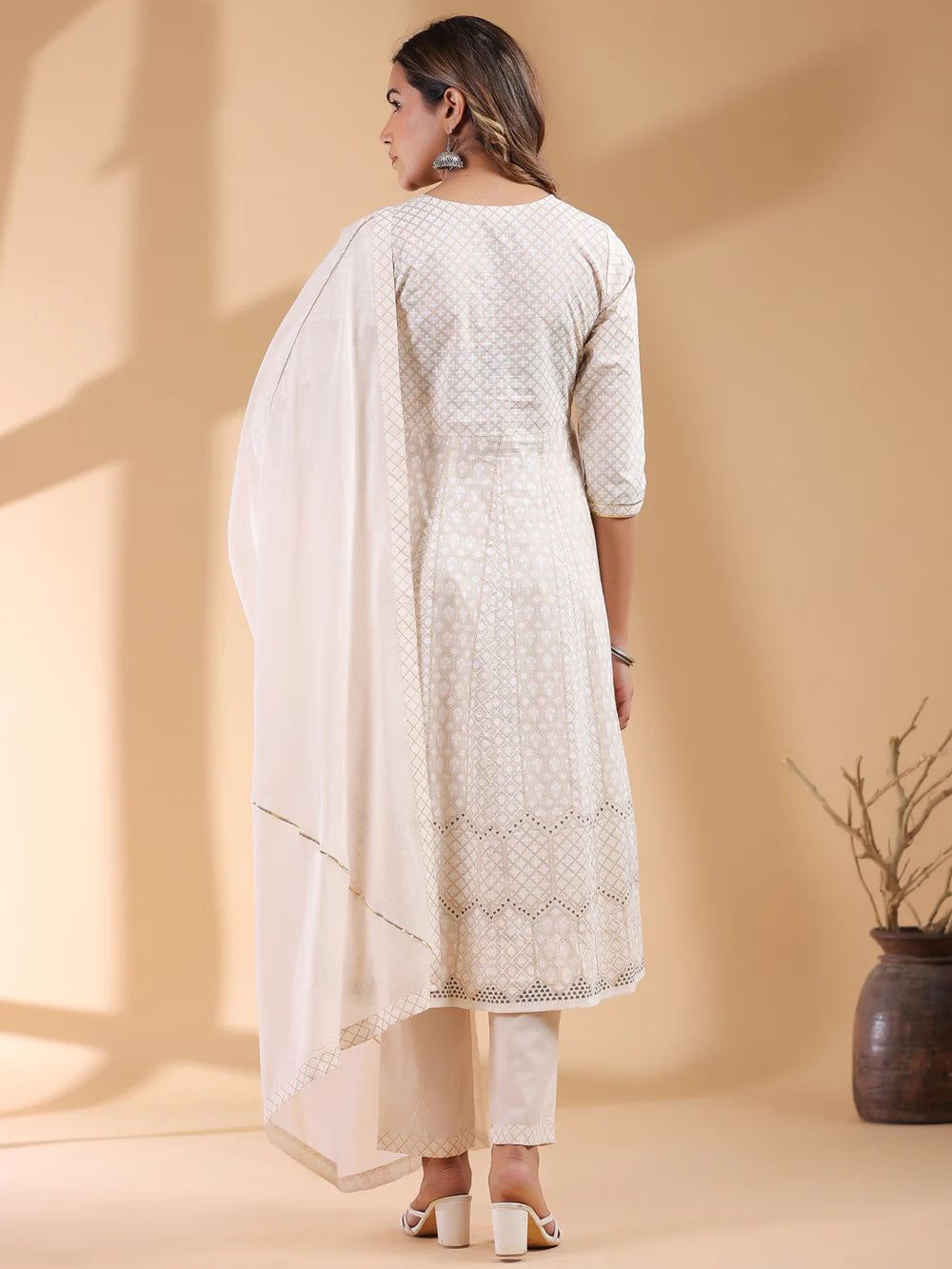 Comfortable Women’s Beige Cotton Anarkali Kurta Set with Ethnic Motif Detailing for Casual and Festive Occasions