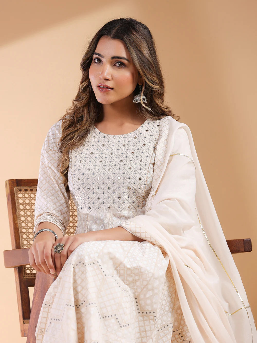 Comfortable Women’s Beige Cotton Anarkali Kurta Set with Ethnic Motif Detailing for Casual and Festive Occasions