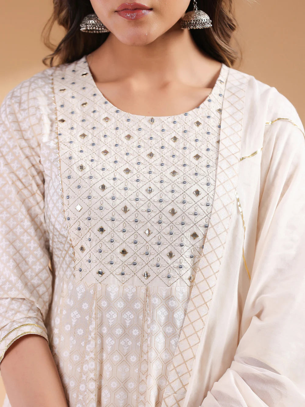 Comfortable Women’s Beige Cotton Anarkali Kurta Set with Ethnic Motif Detailing for Casual and Festive Occasions