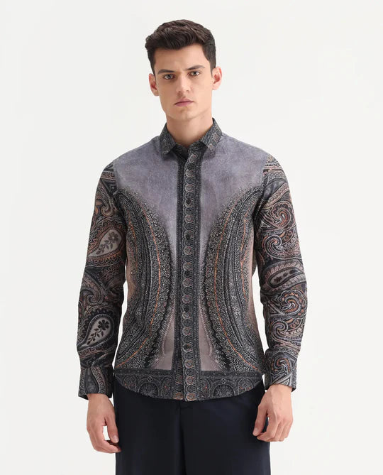 Comfortable Regular Fit Paisley Print Shirt Men Dusky Blue