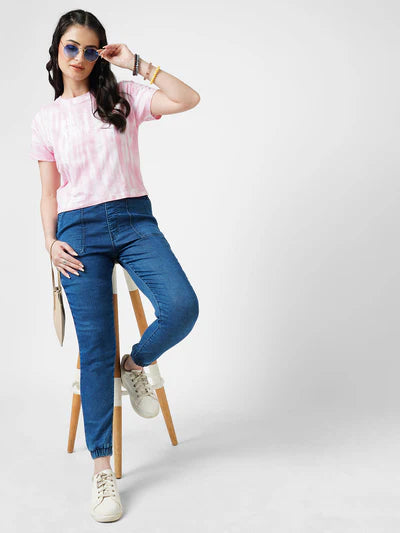 Trendy Women’s High Rise Denim Joggers in Dark Blue for Casual Wear