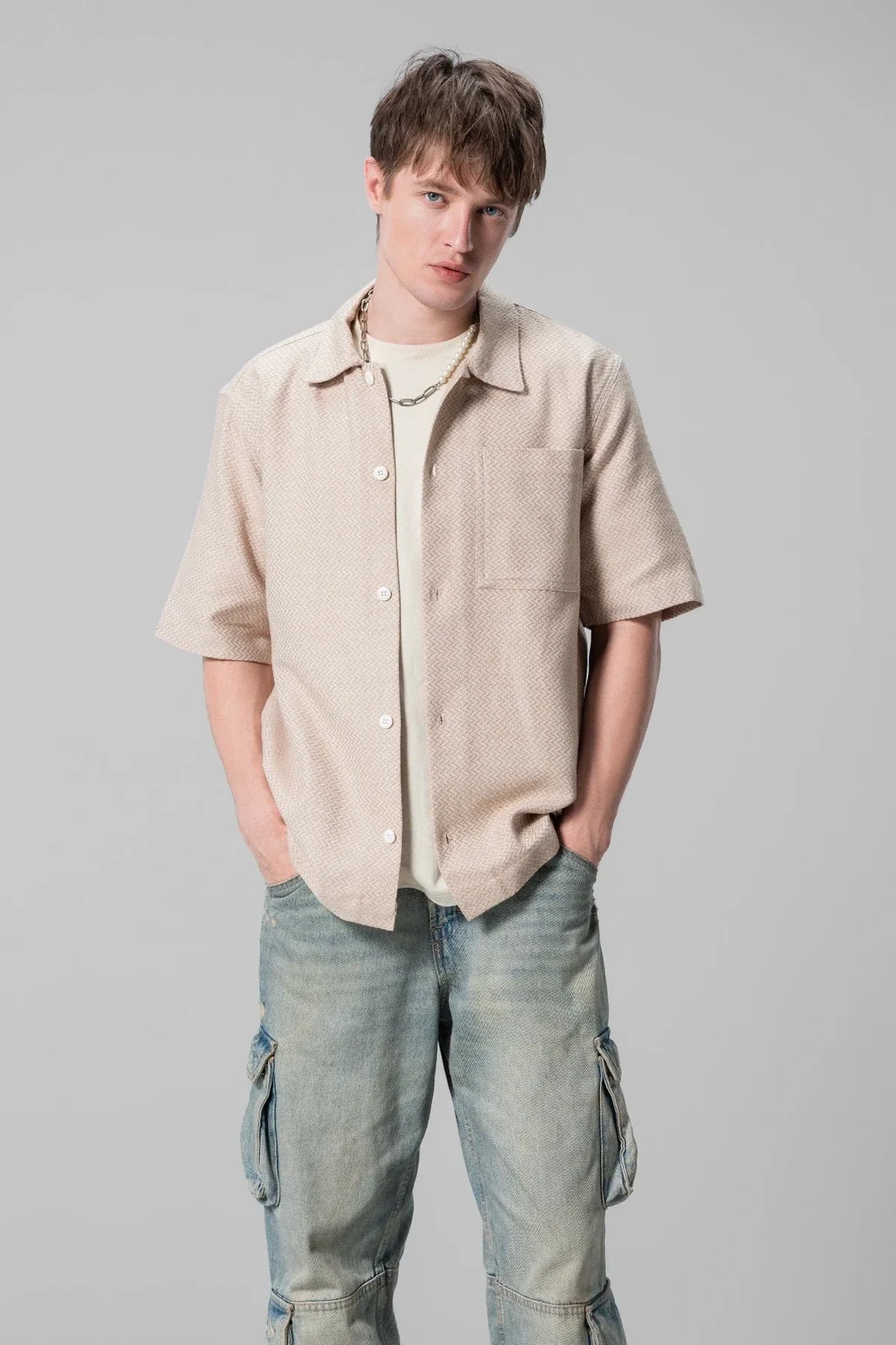 Unisex Beige Casual Shirt Textured Design Comfortable Fit