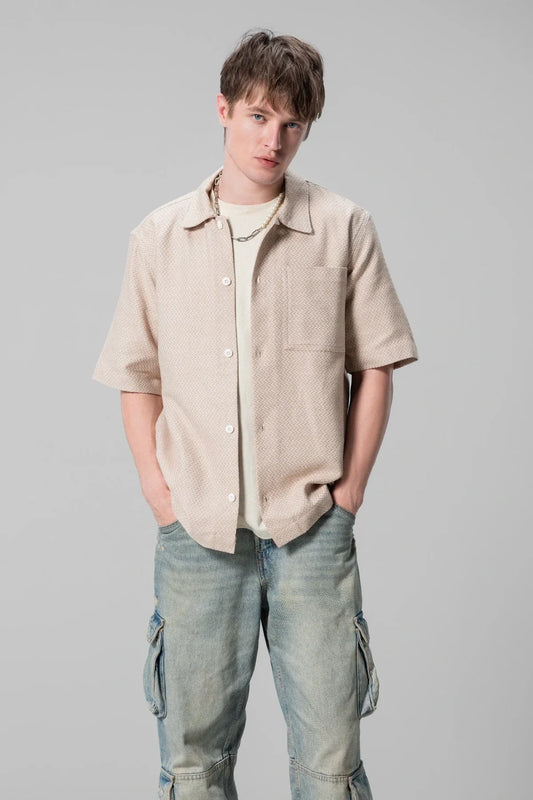 Unisex Beige Casual Shirt Textured Design Comfortable Fit