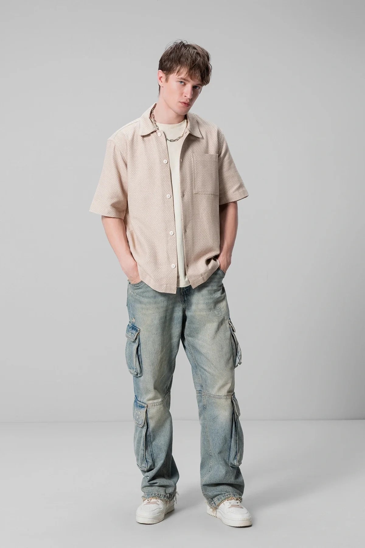 Unisex Beige Casual Shirt Textured Design Comfortable Fit