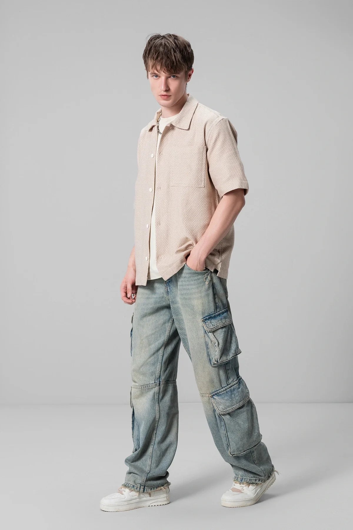 Unisex Beige Casual Shirt Textured Design Comfortable Fit