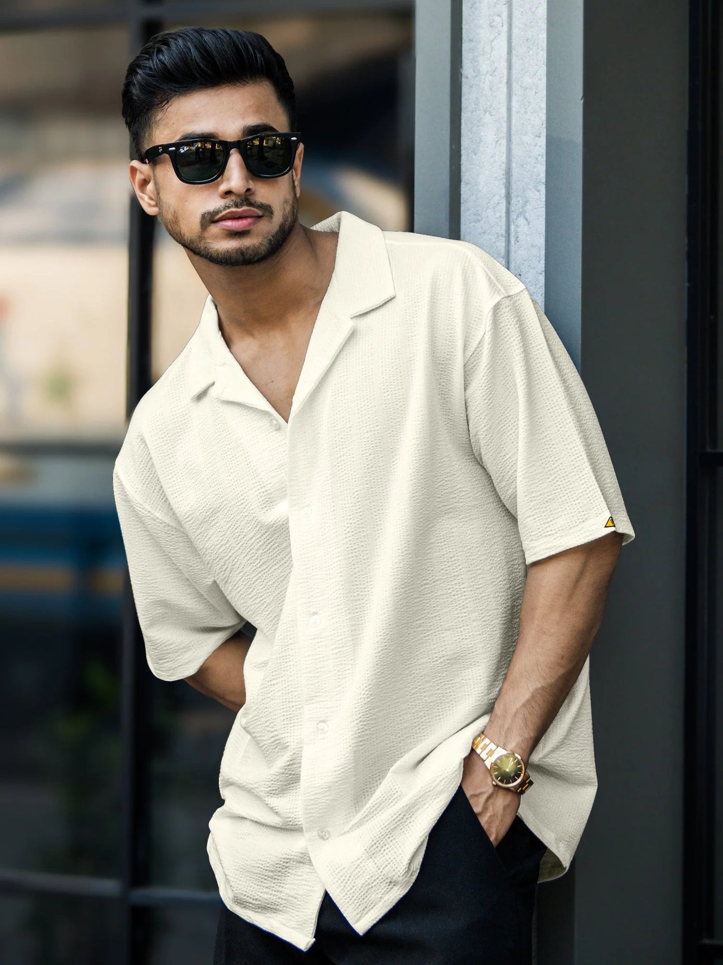 Men’s Beige Seersucker Half Sleeve Shirt Casual Comfort Fit