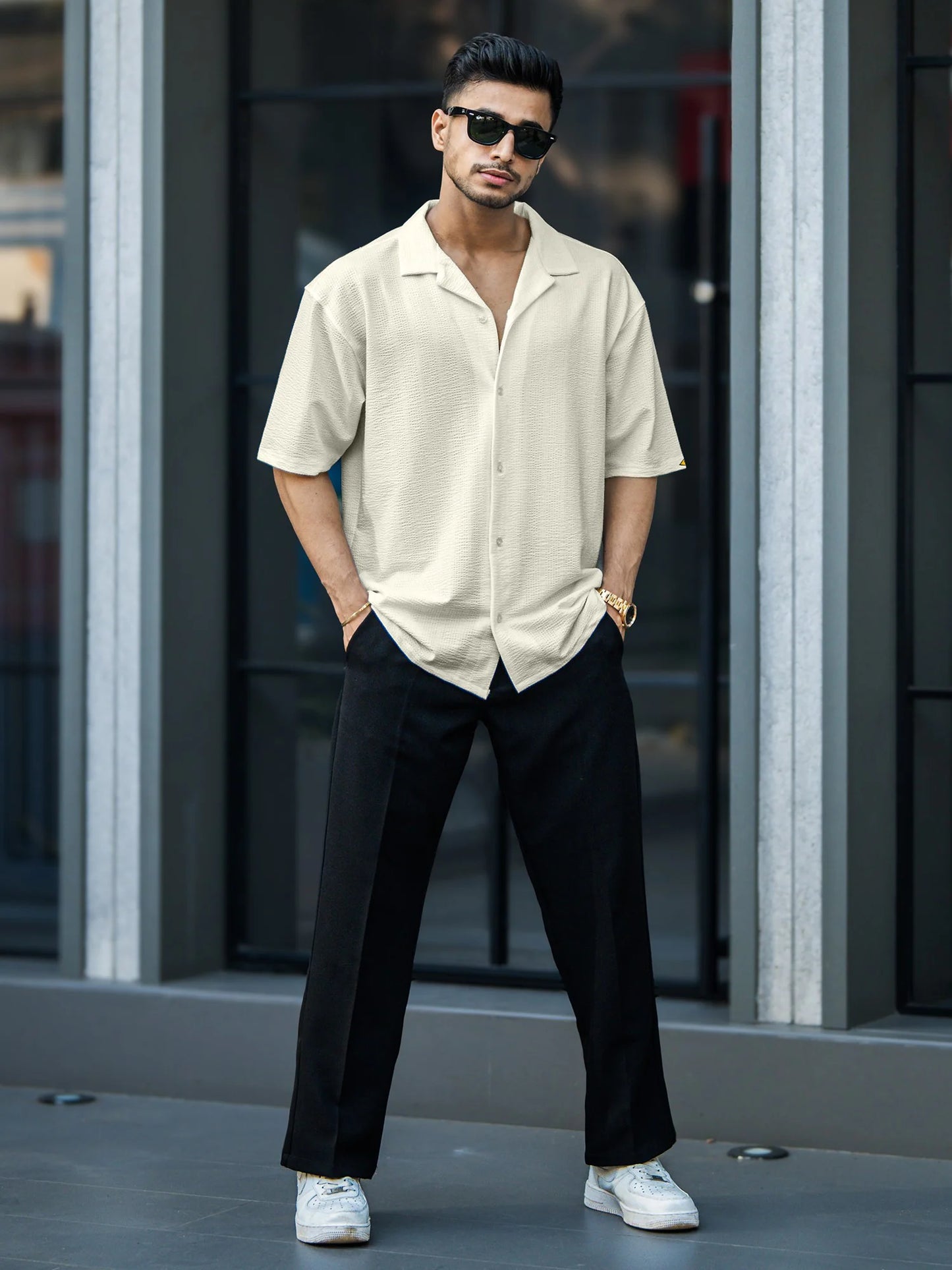 Men’s Beige Seersucker Half Sleeve Shirt Casual Comfort Fit