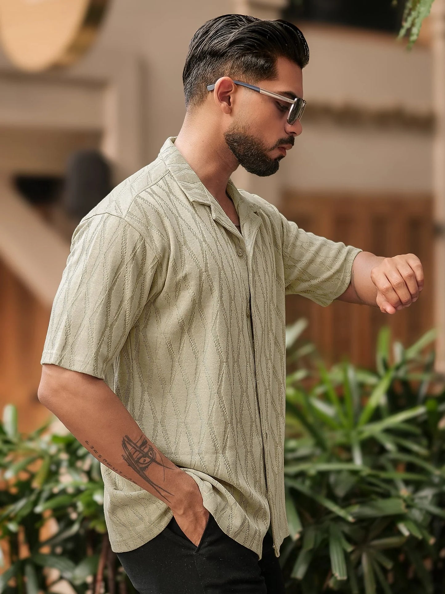 Half Sleeve Beige Angular Knit Shirt for Men Lightweight and Stylish