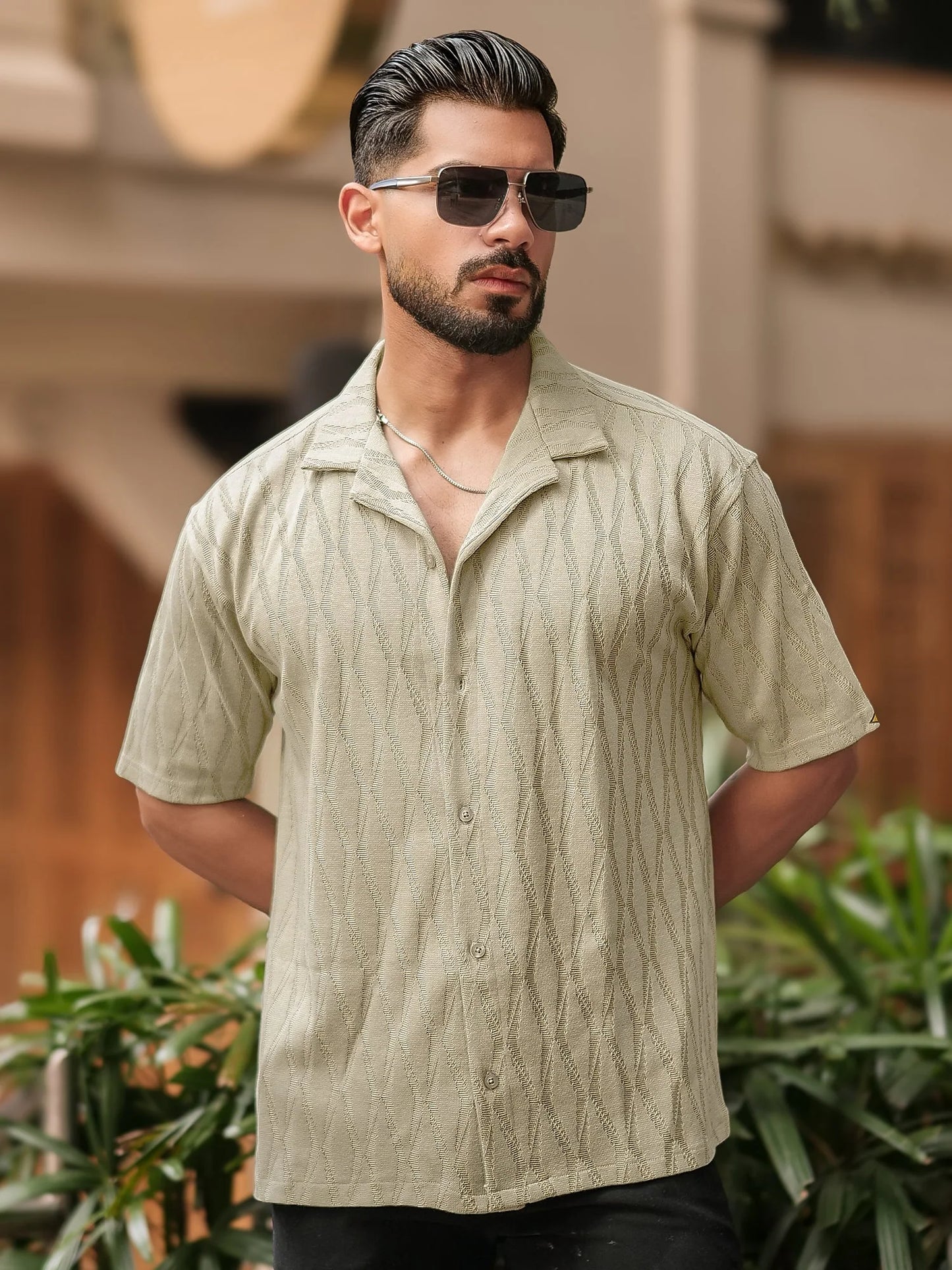 Half Sleeve Beige Angular Knit Shirt for Men Lightweight and Stylish