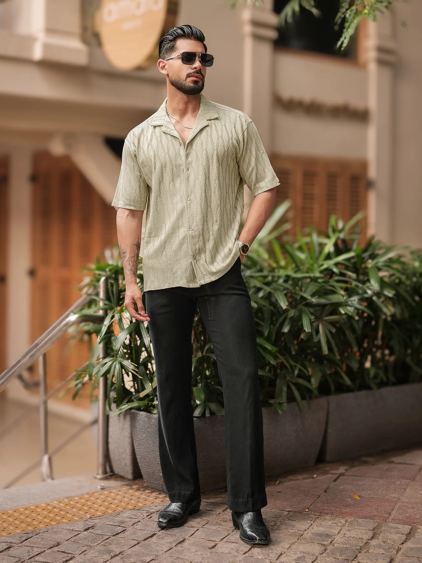 Half Sleeve Beige Angular Knit Shirt for Men Lightweight and Stylish