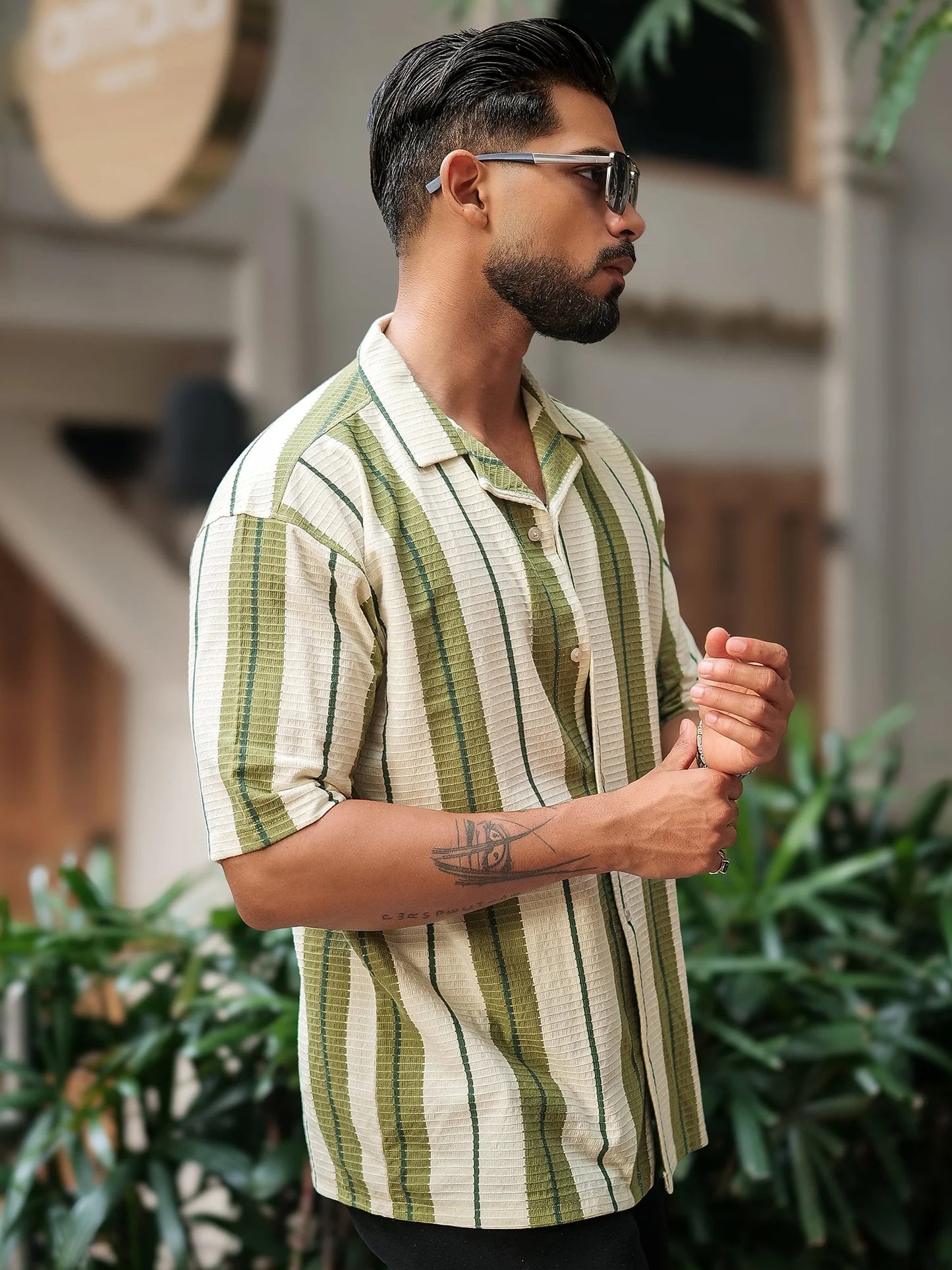 Lightweight Cream Miami Stripe Shirt Men Half Sleeve Everyday Wear