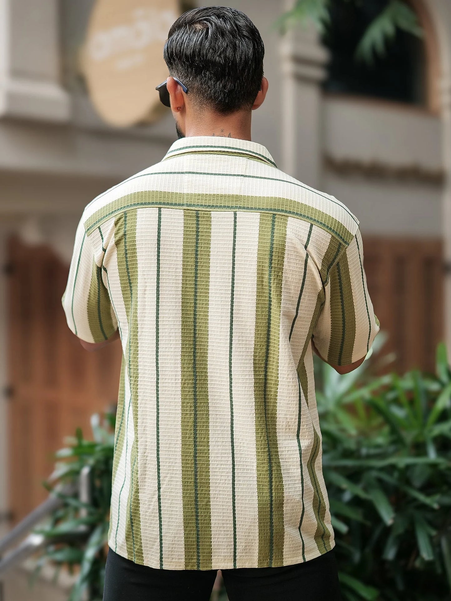 Lightweight Cream Miami Stripe Shirt Men Half Sleeve Everyday Wear