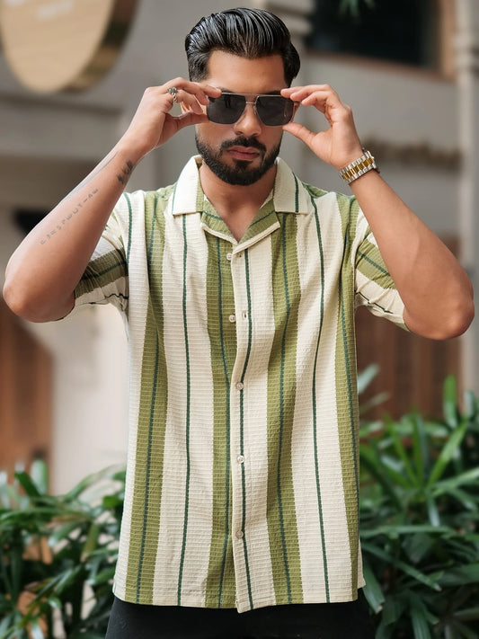 Lightweight Cream Miami Stripe Shirt Men Half Sleeve Everyday Wear