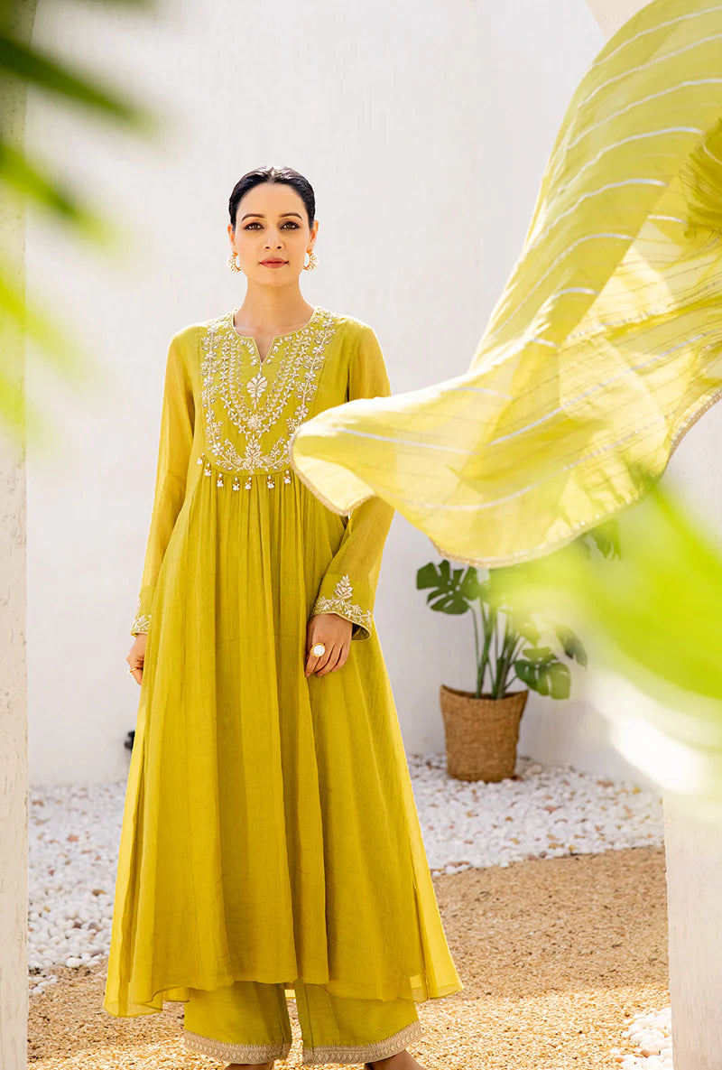 Women’s Green Dua Anarkali Set with Elegant Sequin and Zardosi Yoke Embroidery for Festive Occasions