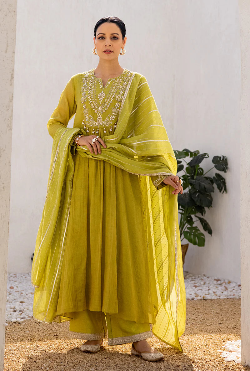 Women’s Green Dua Anarkali Set with Elegant Sequin and Zardosi Yoke Embroidery for Festive Occasions