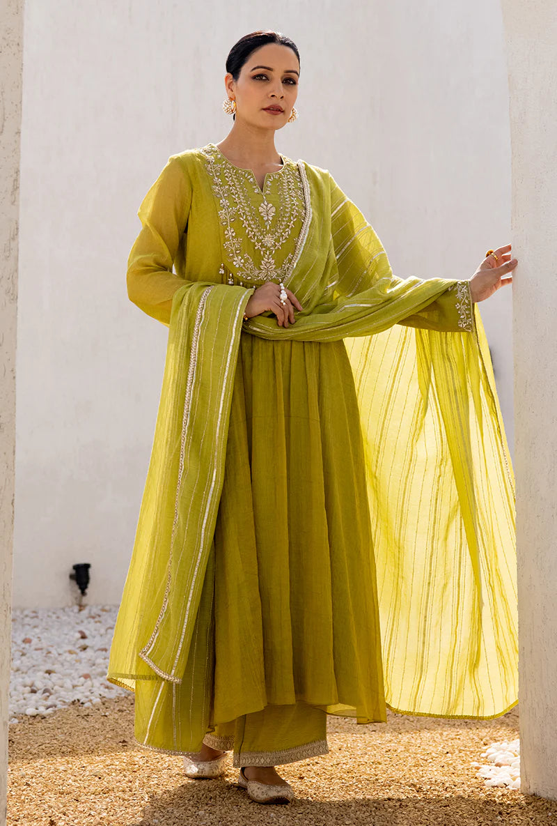 Women’s Green Dua Anarkali Set with Elegant Sequin and Zardosi Yoke Embroidery for Festive Occasions