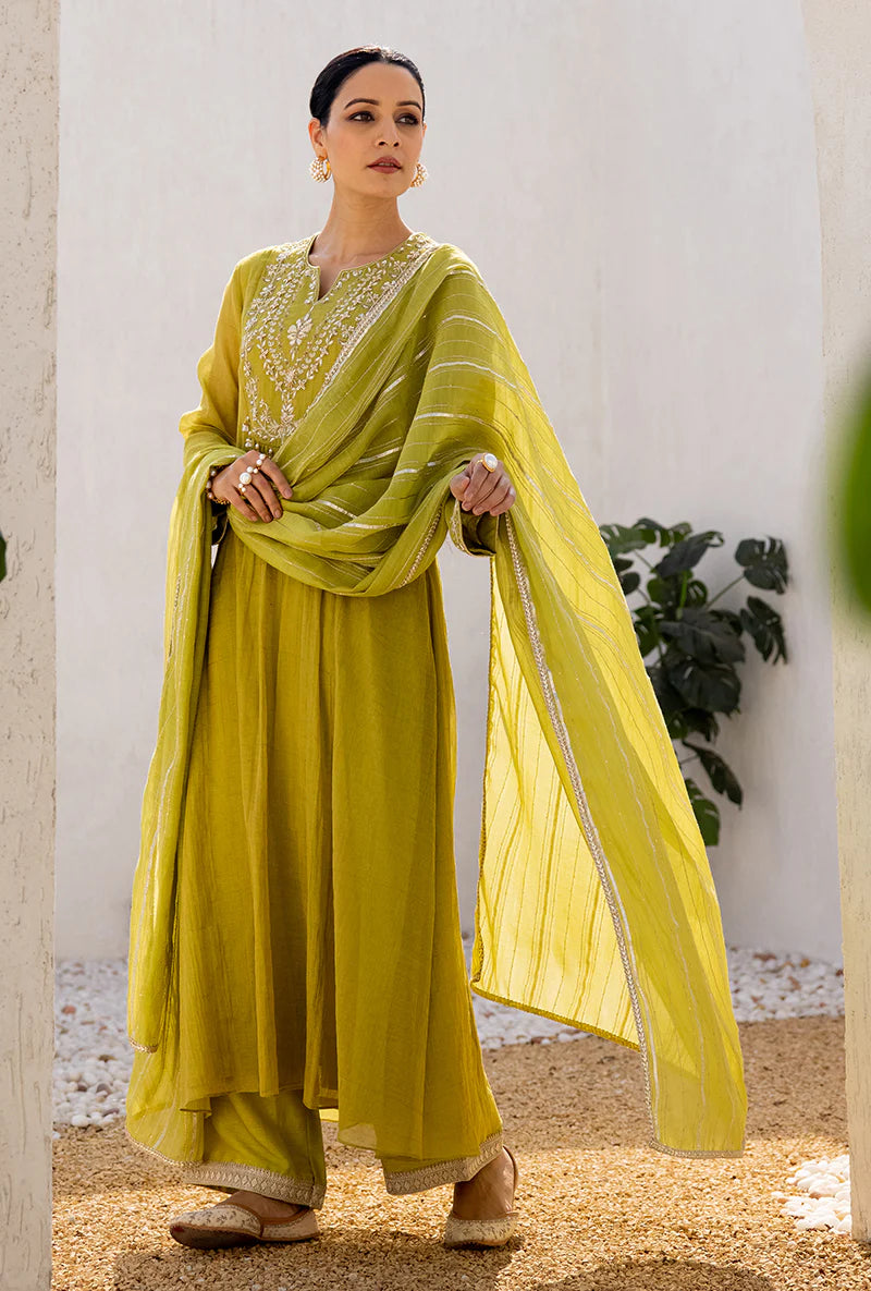 Women’s Green Dua Anarkali Set with Elegant Sequin and Zardosi Yoke Embroidery for Festive Occasions