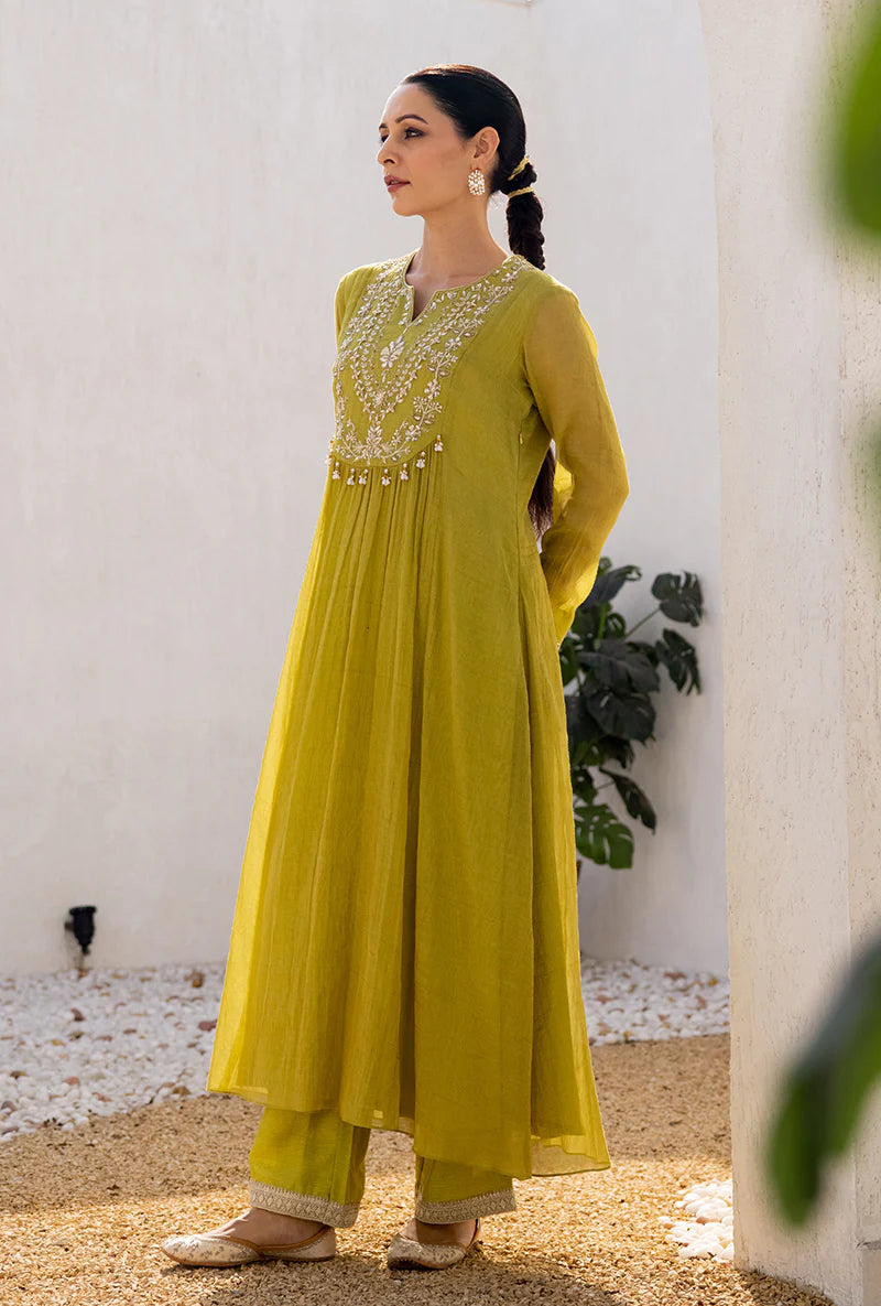 Women’s Green Dua Anarkali Set with Elegant Sequin and Zardosi Yoke Embroidery for Festive Occasions