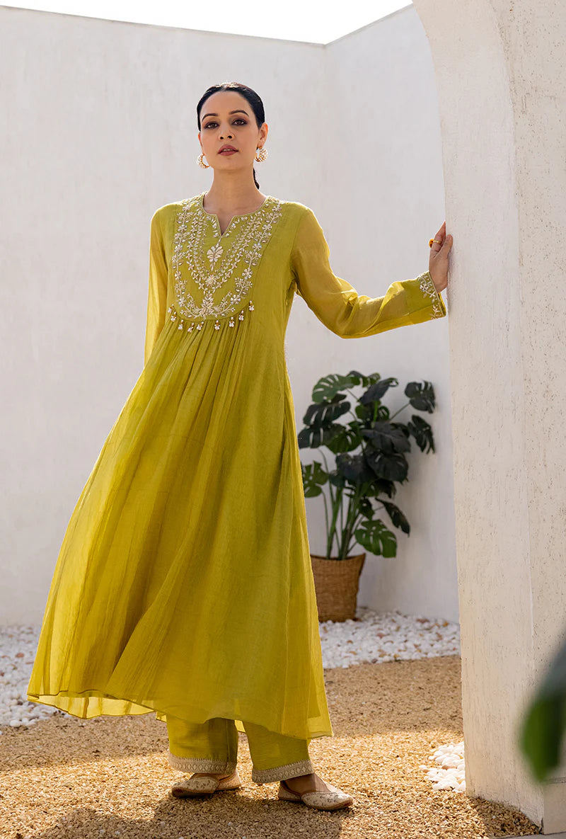 Women’s Green Dua Anarkali Set with Elegant Sequin and Zardosi Yoke Embroidery for Festive Occasions