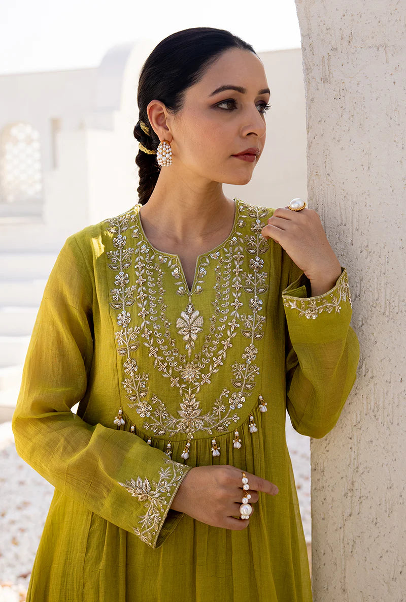 Women’s Green Dua Anarkali Set with Elegant Sequin and Zardosi Yoke Embroidery for Festive Occasions