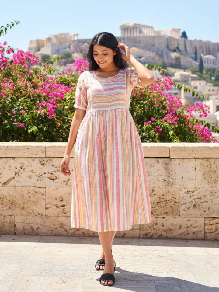 Modern Multi Pink Striped Cotton Slub Dress with Flared Hem