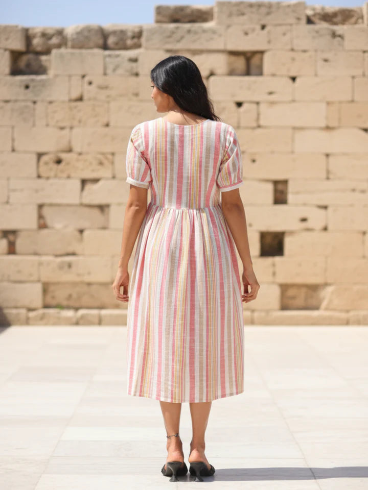 Modern Multi Pink Striped Cotton Slub Dress with Flared Hem