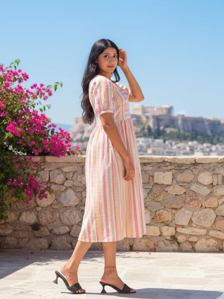 Modern Multi Pink Striped Cotton Slub Dress with Flared Hem