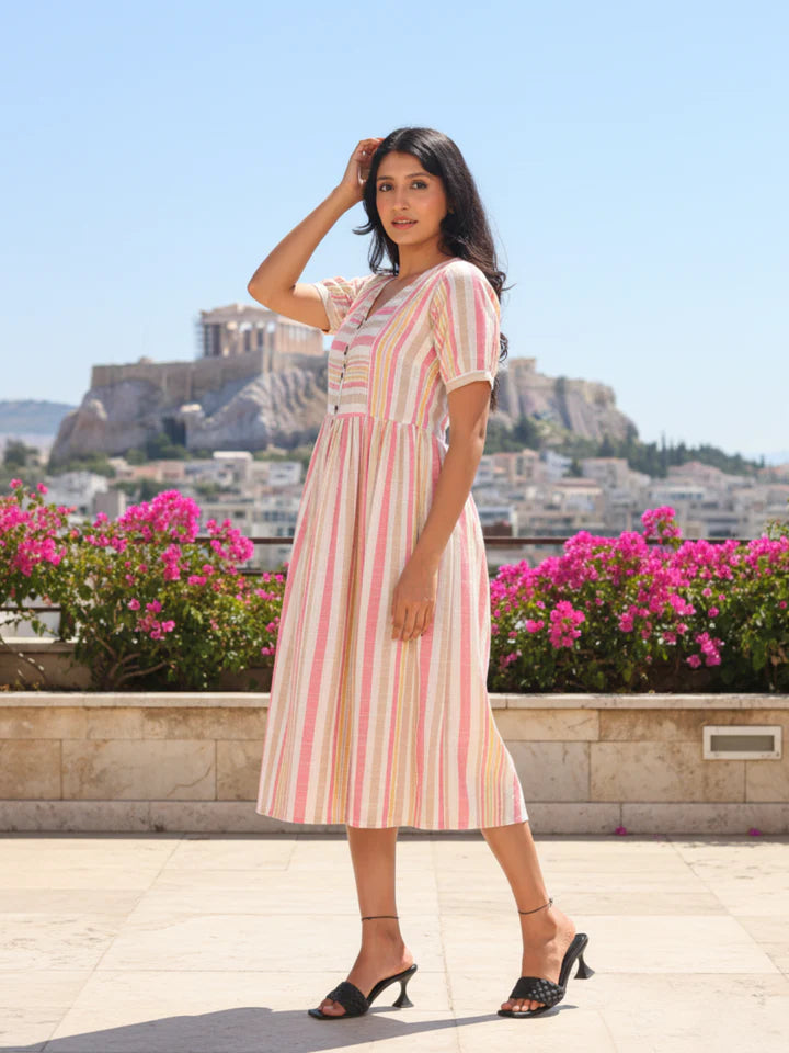 Modern Multi Pink Striped Cotton Slub Dress with Flared Hem