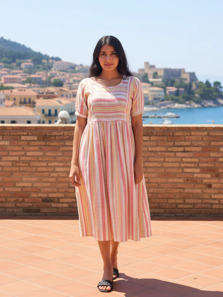 Modern Multi Pink Striped Cotton Slub Dress with Flared Hem