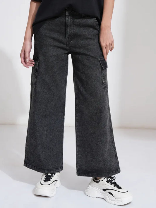 Elegant Black Wide Leg Stretchable Denim Pants for Women Casual Wear