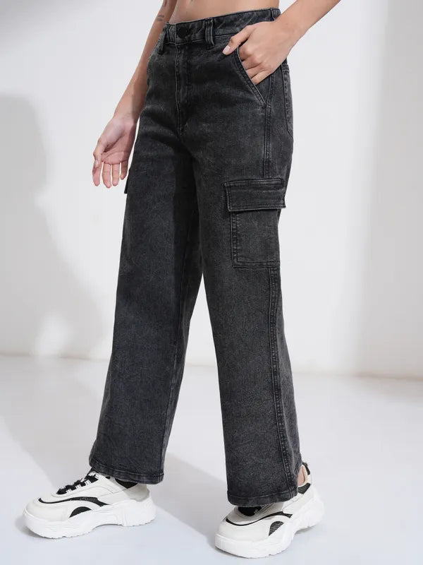 Elegant Black Wide Leg Stretchable Denim Pants for Women Casual Wear